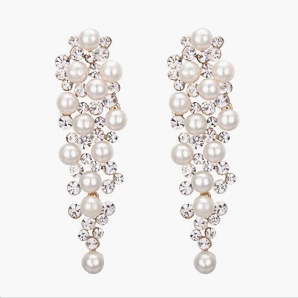 Christian Siriano NY Faux Pearl & Jewels Gold Tone Dangling Earrings - Picture 2 of 10